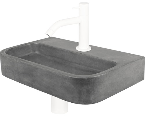 Lave-mains - Ensemble comprenant robinet de lave-mains blanc OVALE béton avec revêtement gris 38x24 cm