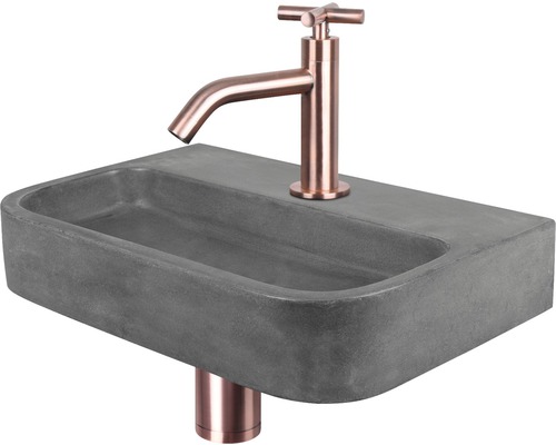 Lave-mains - Ensemble comprenant robinet de lave-mains OVALE béton avec revêtement gris 38x24 cm