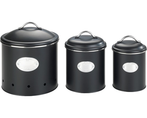 Drei schwarze Vorratsbehälter aus Metall mit Deckel und silberfarbenen Details