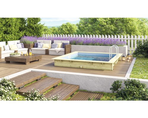 Kit de piscine hors sol en bois Karibu taille 1 rectangulaire 350x276,5x125 cm avec tapis de sol, habillage intérieur avec rebord de fixation et échelle