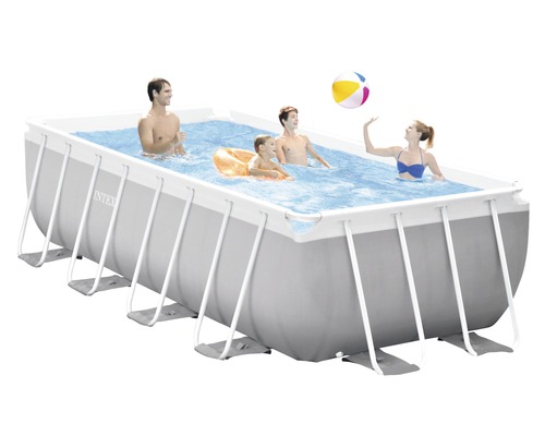 Piscine hors sol INTEX Prism Frame Rectangulaire Set 400x200 H 122 cm gris Piscine rectangulaire avec des personnes dans l''eau et un ballon