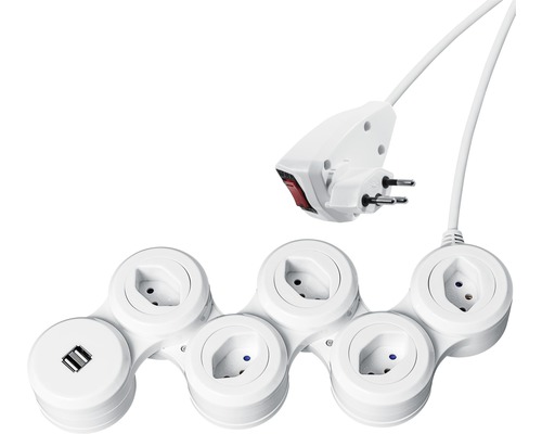 Bloc multiprise SNAKE 5xT13, 2xUSB blanc Bloc multiprise avec port USB et interrupteur