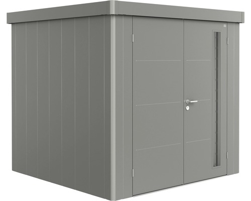 Remise à outils biohort Neo 2B double porte 236 x 236 cm gris quartz-métallique Abri de jardin en métal avec double porte et fenêtre latérale