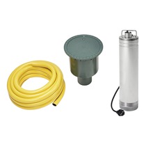 Pompe de puits profond, tuyau jaune et filtre de réservoir d''eau de pluie