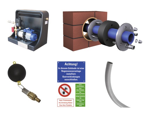 Darstellung einer Regenwasseranlage mit Pumpe, Wanddurchführung, Hinweisschild und Zubehör