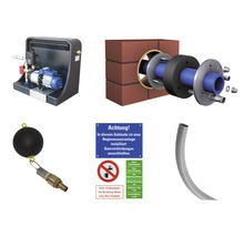 Regenwassernutzungsanlage mit Pumpe, Mauerdurchführung, Hinweisschild und Schwimmer
