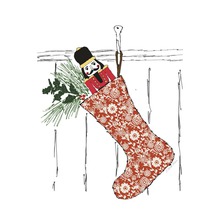 Illustration eines Weihnachtsstrumpfs mit Nussknacker und Tannenzweigen.