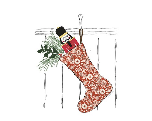 Weihnachtspostkarte Stocking 10,5x14,8 cm Illustration eines Weihnachtsstrumpfs mit Nussknacker und Tannenzweigen.