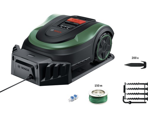 Tondeuse robot Bosch avec câble périphérique, connecteurs de câbles et piquets