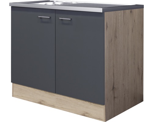 Spülenschrank inkl. Spüle Flex Well Tiago BxHxT 100x85x60 cm Frontfarbe basaltgrau - Korpusfarbe san remo eiche hell