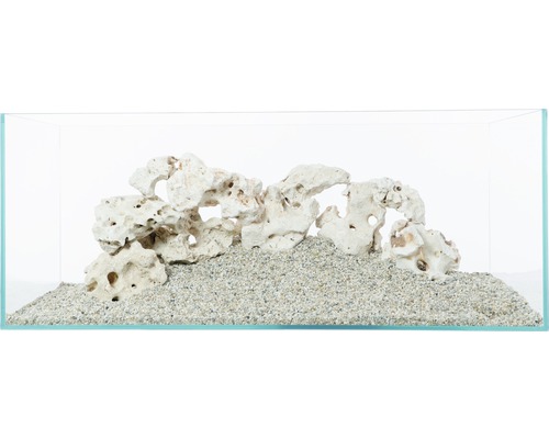 Aquarium avec décoration en roche claire et sable