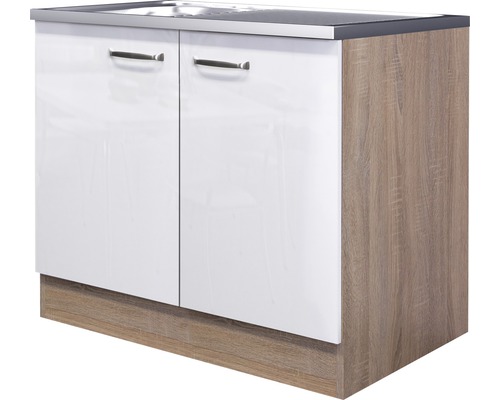 Spülenschrank inkl. Spüle Flex Well Valero BxHxT 100x86x60 cm Frontfarbe weiss hochglanz - Korpusfarbe sonoma eiche