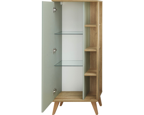 Armoire de salle de bain ouverte avec étagères en verre et pieds en bois