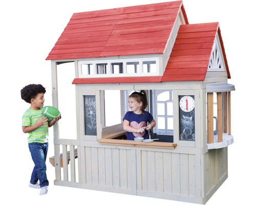 Maisonnette en bois avec toit rouge et deux enfants