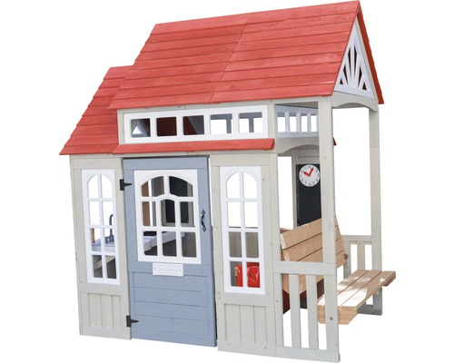 Maisonnette en bois avec toit, porte, fenêtres et banc