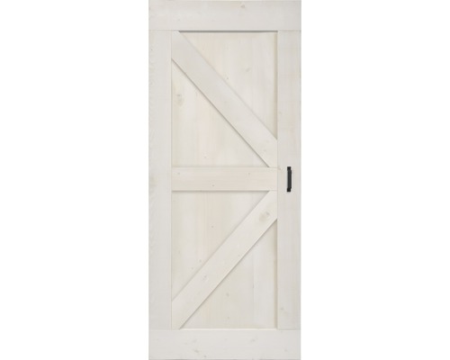 Weisse Holztür im Scheunenstil mit schwarzem Griff