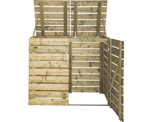 Offene Gerätebox aus Holz mit Tür und aufklappbarem Deckel zur Aufbewahrung im Garten