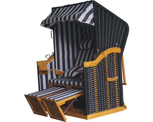 Corbeille de plage Acamp Sylt 87 x 37 x 115 cm polyester anthracite réglable Chaise de plage avec tissu rayé bleu et blanc et cadre en bois