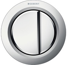 Geberit Logo über einer runden Betätigungsplatte für die Toilettenspülung