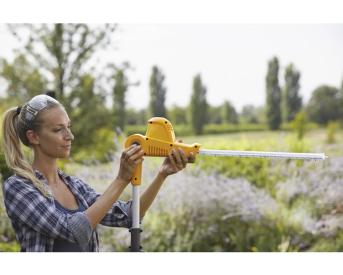 Femme utilisant un taille-haie télescopique à batterie dans le jardin.