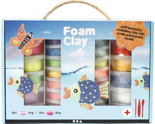 Foam Clay Set mit selbsthärtender Modelliermasse und kleinen Polystyrolperlen in einer Verpackung