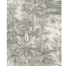 Illustration einer üppigen tropischen Landschaft mit verschiedenen Pflanzen und Bäumen