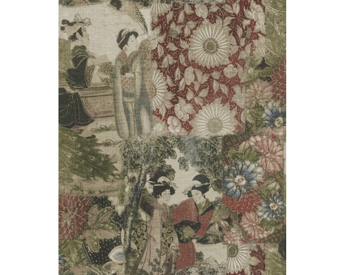 Stoff mit asiatischem Muster mit Blumen und Figuren