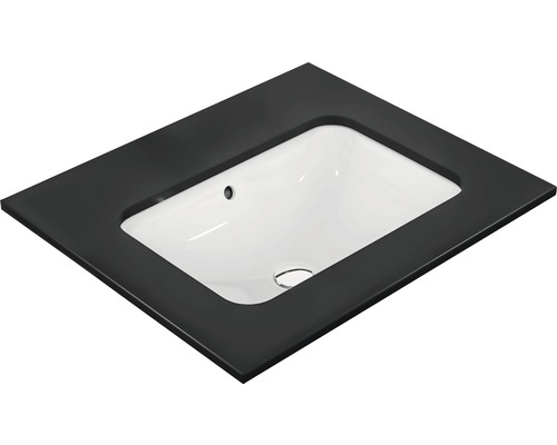 Waschtisch mit rechteckiger Form und schwarzer Umrandung.