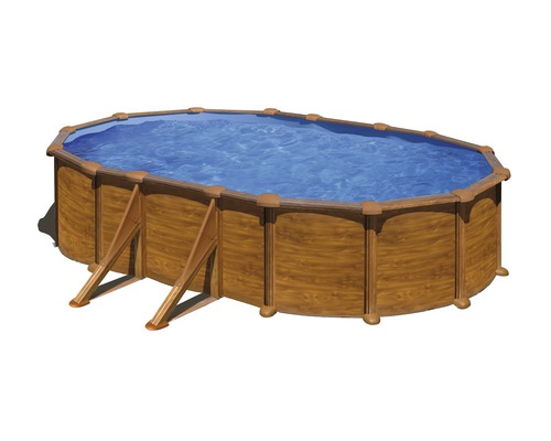 Kit de piscine hors sol à paroi en acier Planet Pool Solo ovale 610x375x132 cm avec skimmer encastré aspect bois