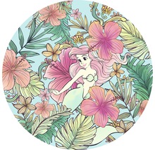 Illustration von Arielle der Meerjungfrau umgeben von Hibiskusblüten und tropischen Blättern