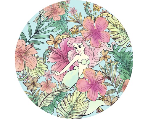 Illustration von Arielle der Meerjungfrau umgeben von Hibiskusblüten und tropischen Blättern