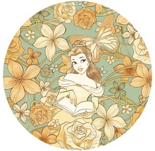 Illustration von Belle mit einem Buch, umgeben von Blumen und einem Schmetterling