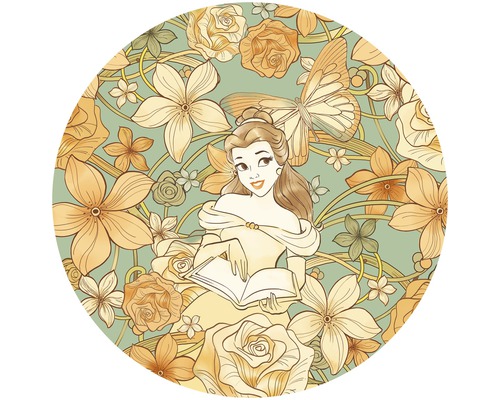 Illustration von Belle mit einem Buch, umgeben von Blumen und einem Schmetterling