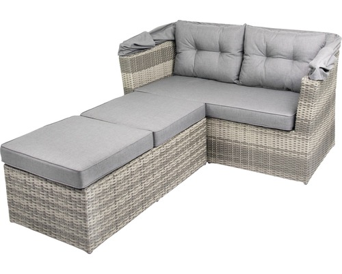 Graues Gartenlounge Ecksofa mit Fusshocker und Polsterauflagen