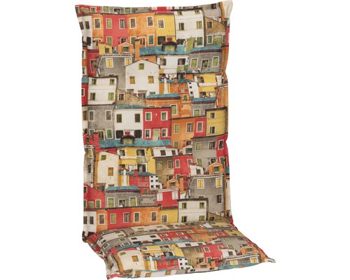 Auflage Hochlehner beo® Tours 118 x 46 cm Baumwoll-Mischgewebe beige braun rot Stuhlkissen mit Häusermuster