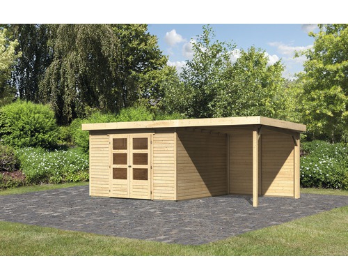 Gartenhaus Karibu Kodiak 6 inkl. Anbau 2,4 m, Rückwand 556 x 333 cm natur