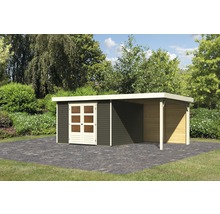 Abri de jardin avec annexe sur sol pavé