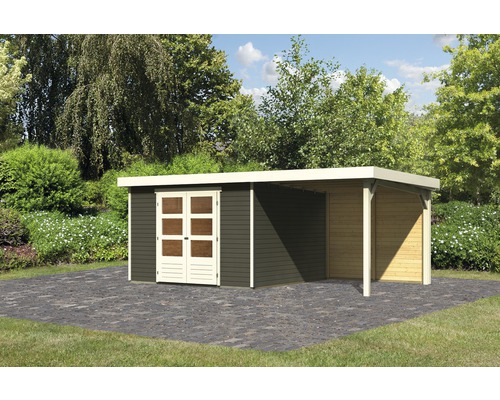 Abri de jardin Karibu Kodiak 6 avec extension 2,4 m, paroi arrière 556 x 333 cm gris terra Abri de jardin Karibu Kodiak 6 avec extension 2,4 m, paroi arrière 556 x 333 cm gris terra