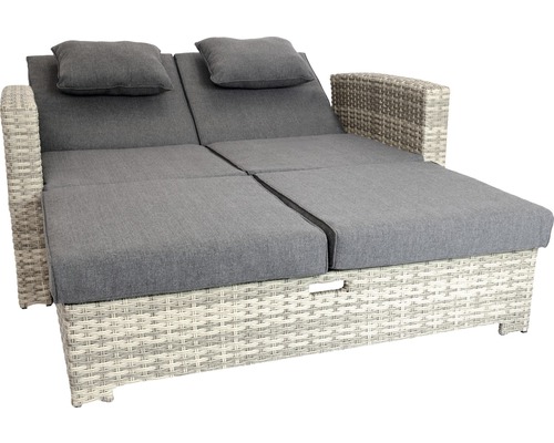 Doppelliege aus Rattan mit grauen Kissen für den Garten