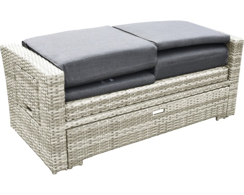 Rattan Gartenbank mit grauen Kissen und Stauraum