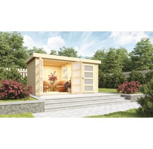 Abri de jardin avec double porte et intérieur sur surface pavée