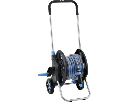 Dévidoir en plastique for_q FQ-KSW 20 avec poignée ergonomique et système de freinage y compris tuyau d'arrosage de 20 m komfort 1/2", pièces système et pistolet réglable en continu Chariot de tuyau d''arrosage avec tuyau et poignée