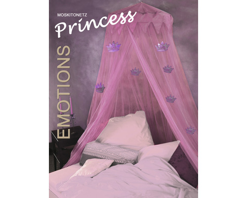 Moustiquaire rose Princess au-dessus du lit avec coussins