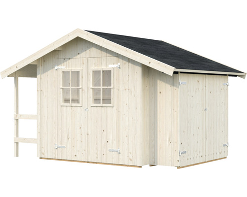 Abri de jardin en bois avec deux fenêtres et un auvent