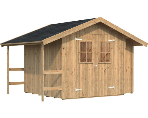 Abri de jardin en bois avec véranda couverte et deux fenêtres