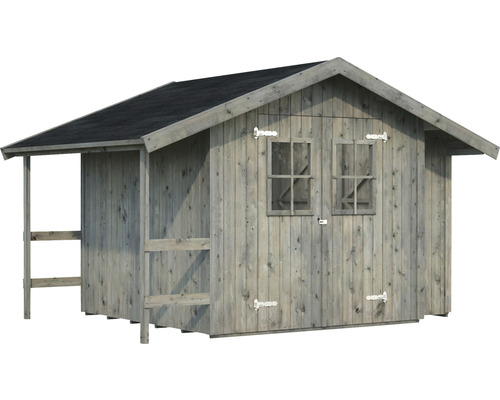 Abri de jardin gris en bois avec toit et deux fenêtres