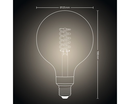 Skizze einer Glühbirne mit den Maßen 125 mm Durchmesser und 198 mm Länge