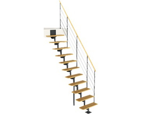 Escalier à crémaillère Pertura Hera anthracite droit 73,5 cm garde-corps à barres horizontales bois de hêtre lamellé-collé verni 11 marches/12 pas de marche