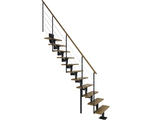 Escalier à crémaillère Pertura Hera anthracite droit 73,5 cm garde-corps à barres horizontales chêne lamellé-collé verni 11 marches/12 pas de marche