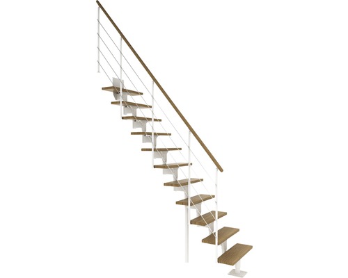 Escalier à limon central Pertura Hera blanc 73,5 cm garde-corps à barres horizontales chêne bois lamellé-collé vernis 11 marches 12 pas de marche